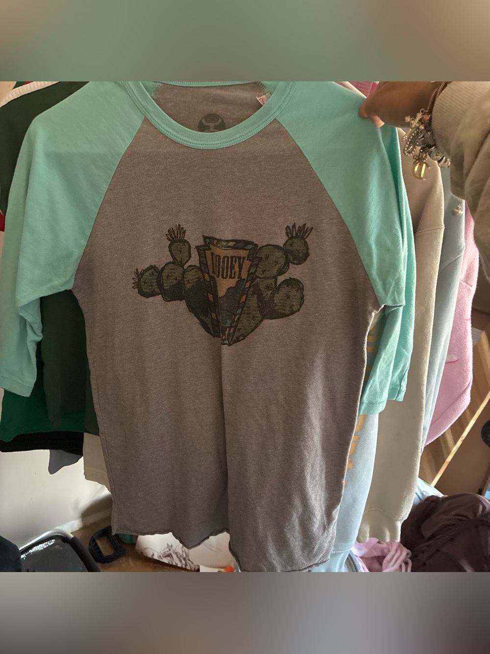 Hooey Gray and Teal Raglan Tee with Cactus Graphic